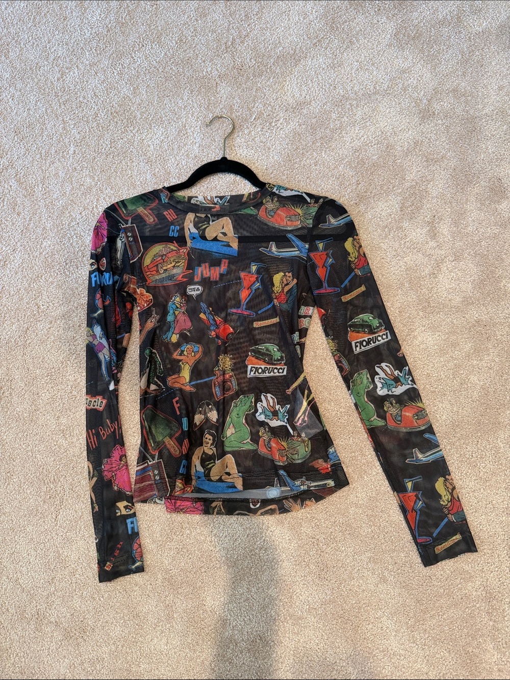 Fiorucci Black Graphic Long-Sleeve Mesh Top